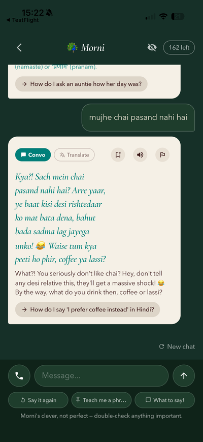 Chat with Morni — practise without the pressure.